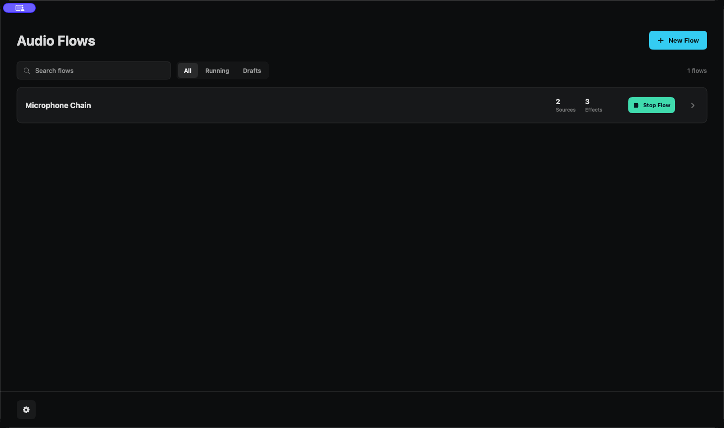 SoundScape audio flows dashboard showing a running microphone chain.