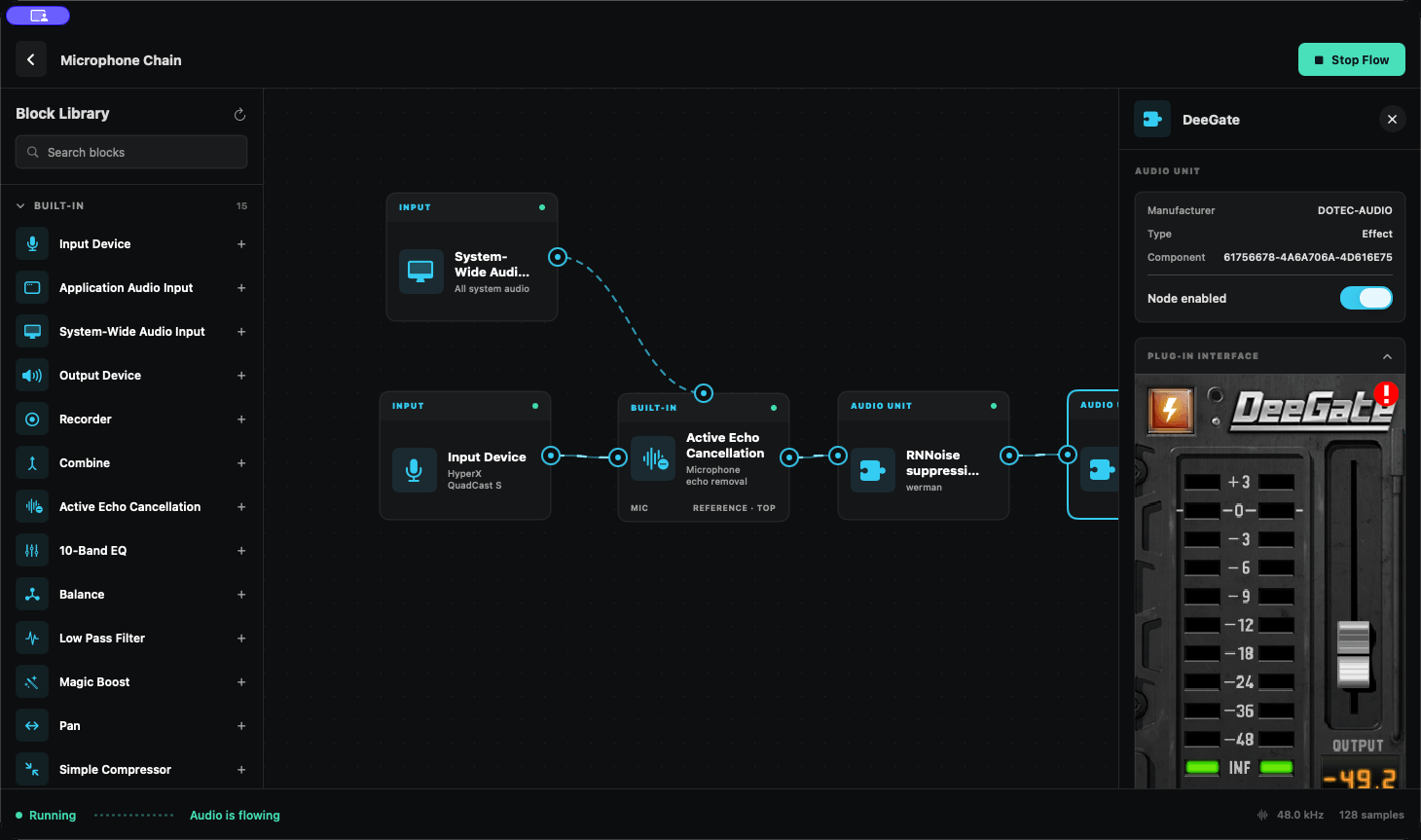SoundScape displaying a native Audio Unit plug-in interface beside a running audio node graph.