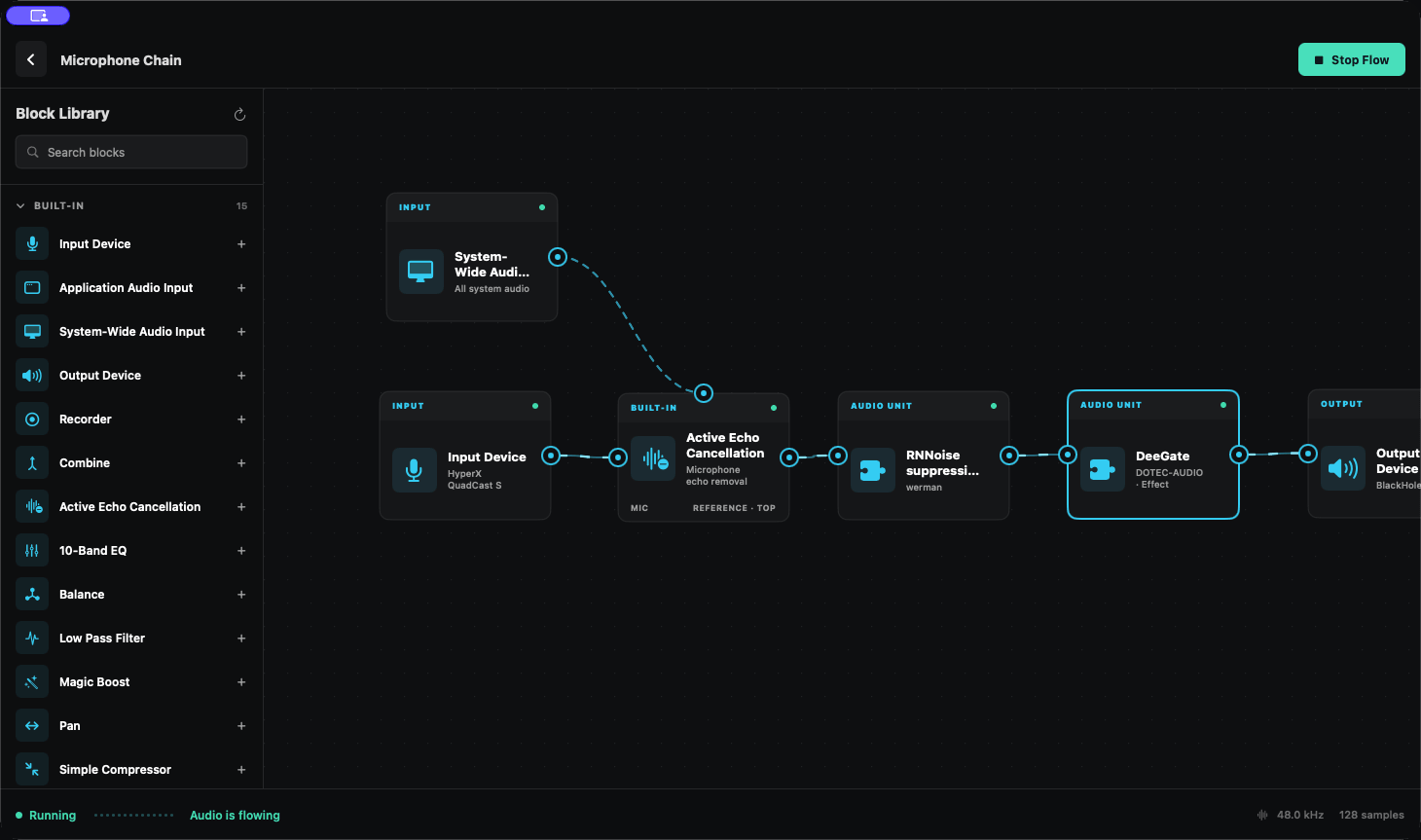 SoundScape node graph connecting system audio and a microphone through echo cancellation and audio plug-ins to an output device.